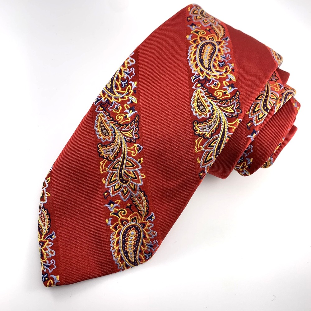 Paul Fredrick Mens Tie Rust Gold Blue Paisley Striped 100% Silk Repp Necktie